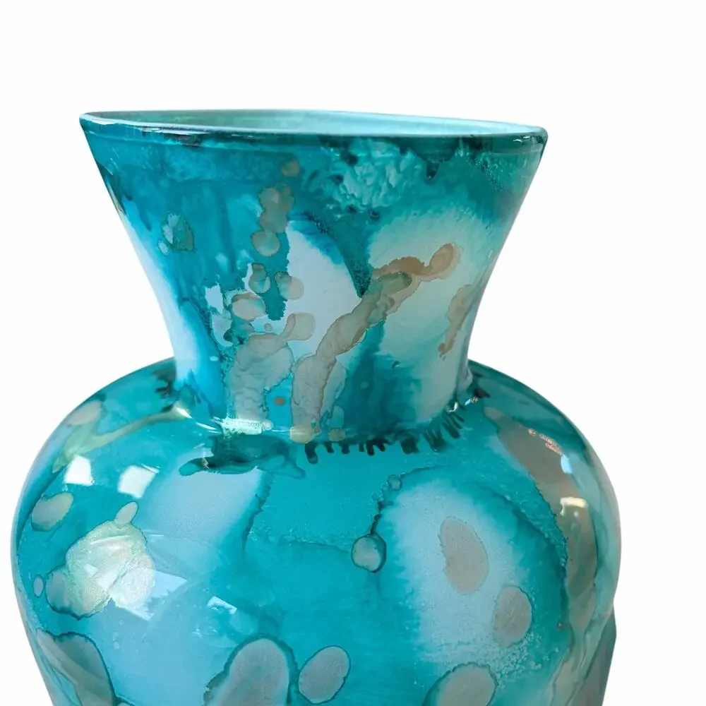 Italian Murano Turquoise Watercolor Art Glass Vase 10.5in Hand Blown NEW